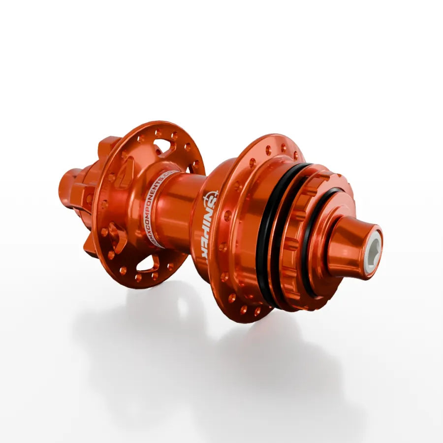 The SD-X Sniper Evo Air Expert 10mm Rear Hub (36 Hole) is a lightweight red anodized BMX racing hub with visible branding, designed for 36 spokes, shown against a white background.