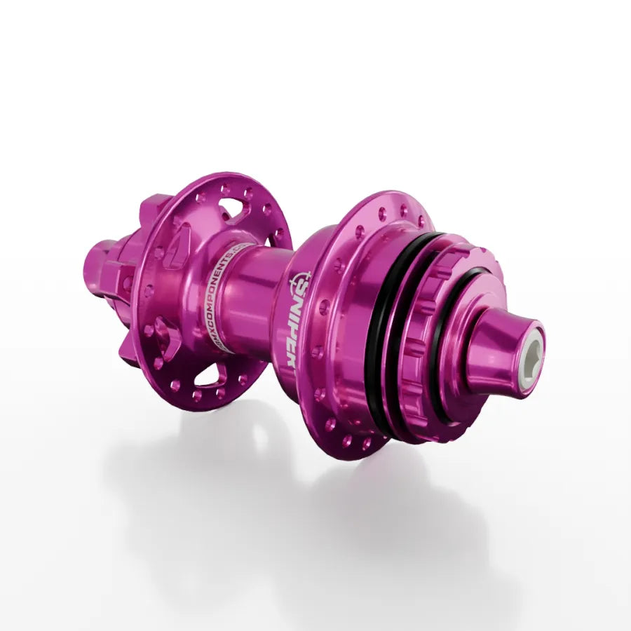 The SD-X Sniper Evo Air Expert 10mm Rear Hub (36 Hole) in metallic pink is a lightweight BMX racing rear hub with multiple spoke holes, displayed on a white background.