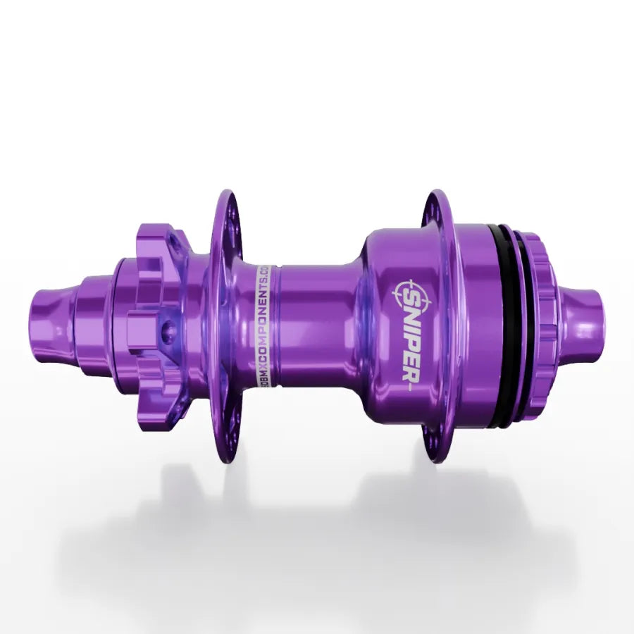 The SD-X Sniper Evo Air Expert 10mm Rear Hub (28 Hole), shown in profile against a white background, features "SNIPER" branding and a purple anodized finish for BMX racing.