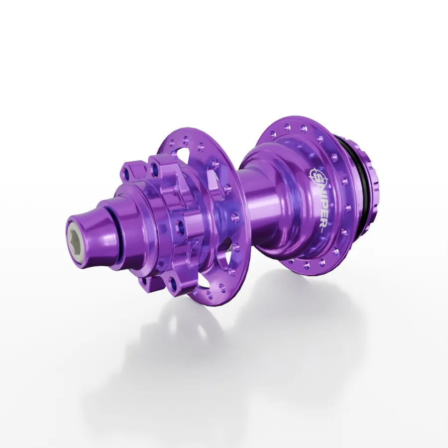 The SD-X Sniper Evo Air Expert 10mm Rear Hub (36 Hole), shown in purple anodized finish on a white background, offers a lightweight BMX racing design and multiple spoke holes for instant engagement.