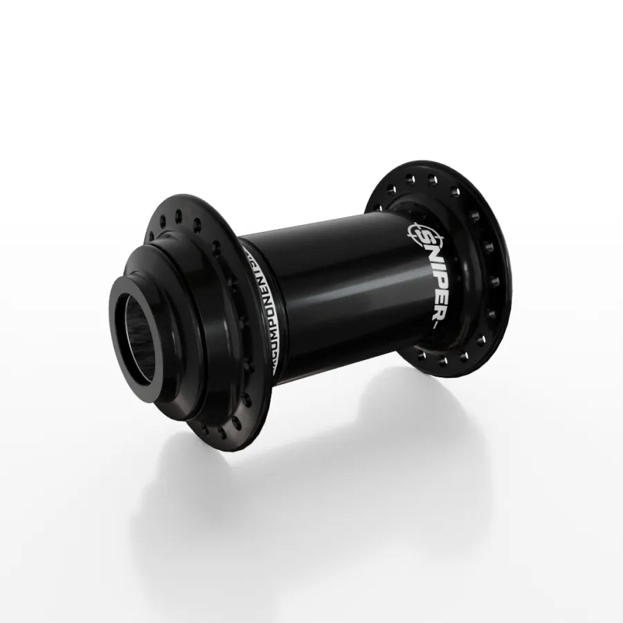 The SD-X Sniper Evo Pro 20mm Front Hub (36 Hole) features black finish, "SNIPER" branding, and multiple spoke holes. Shown on a white background, it’s built for durability and high performance.
