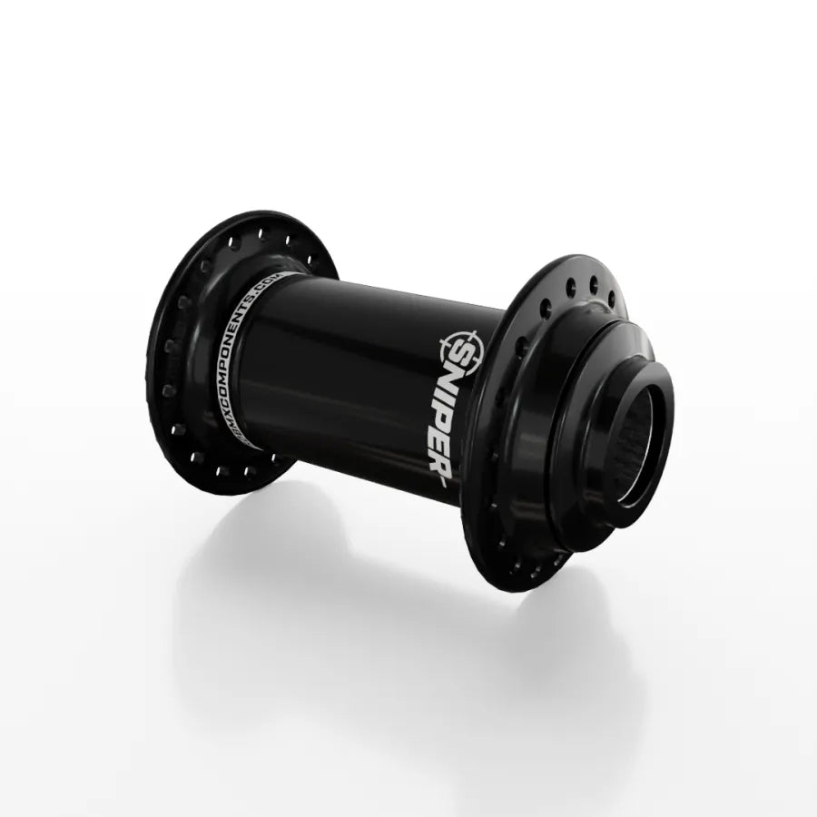 The SD-X Sniper Evo Pro 20mm Front Hub (36 Hole), a BMX hub, is shown on a white background with "SNIPER" labeling and multiple spoke holes on each flange.