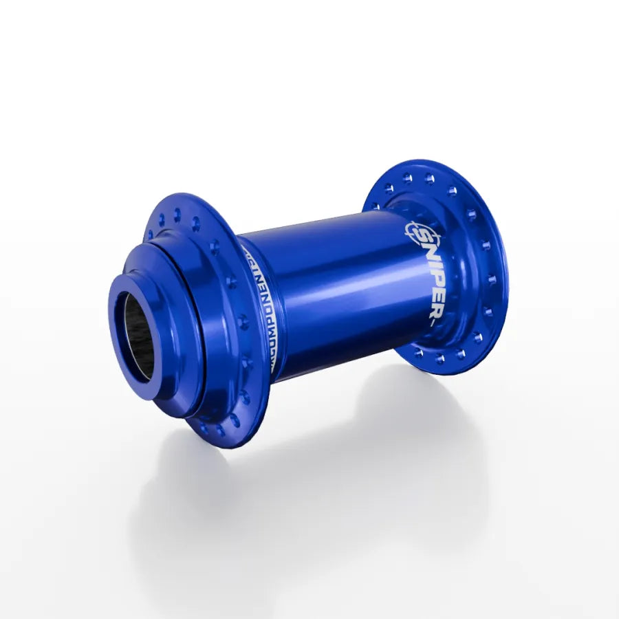 The SD-X Sniper Evo Pro 20mm Front Hub (36 Hole) is a blue anodized BMX front hub with dual flanges and 36 spoke holes, designed for strength, style, and compatibility with 20mm BMX hubs. Shown on a white background.