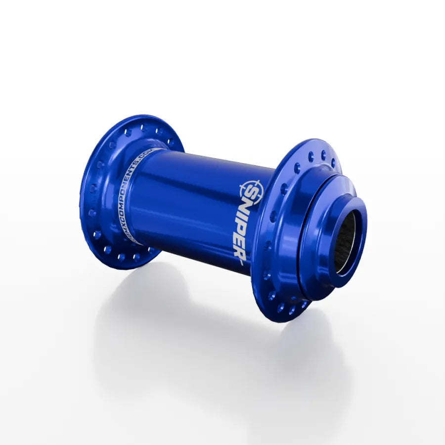 The SD-X Sniper Evo Pro 20mm Front Hub (36 Hole) is a blue anodized BMX front hub featuring "SNIPER" printed on the side, shown isolated on a white background.