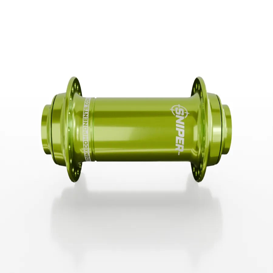 The SD-X Sniper Evo Pro 20mm Front Hub (36 Hole) features a green anodized finish and "SNIPER" label, shown side-on against a white background. This BMX front hub combines durable construction with standout style for your ride.