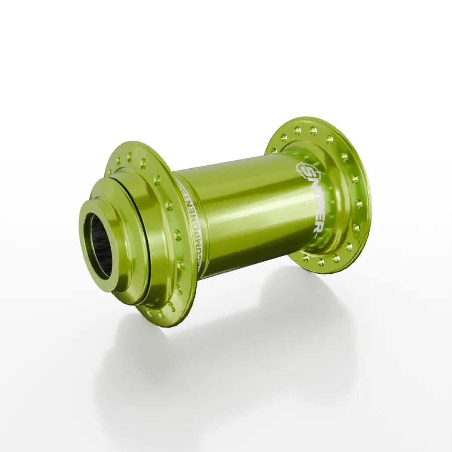 The SD-X Sniper Evo Pro 20mm Front Hub (36 Hole) in metallic green, designed for BMX bikes, is shown on a white background.