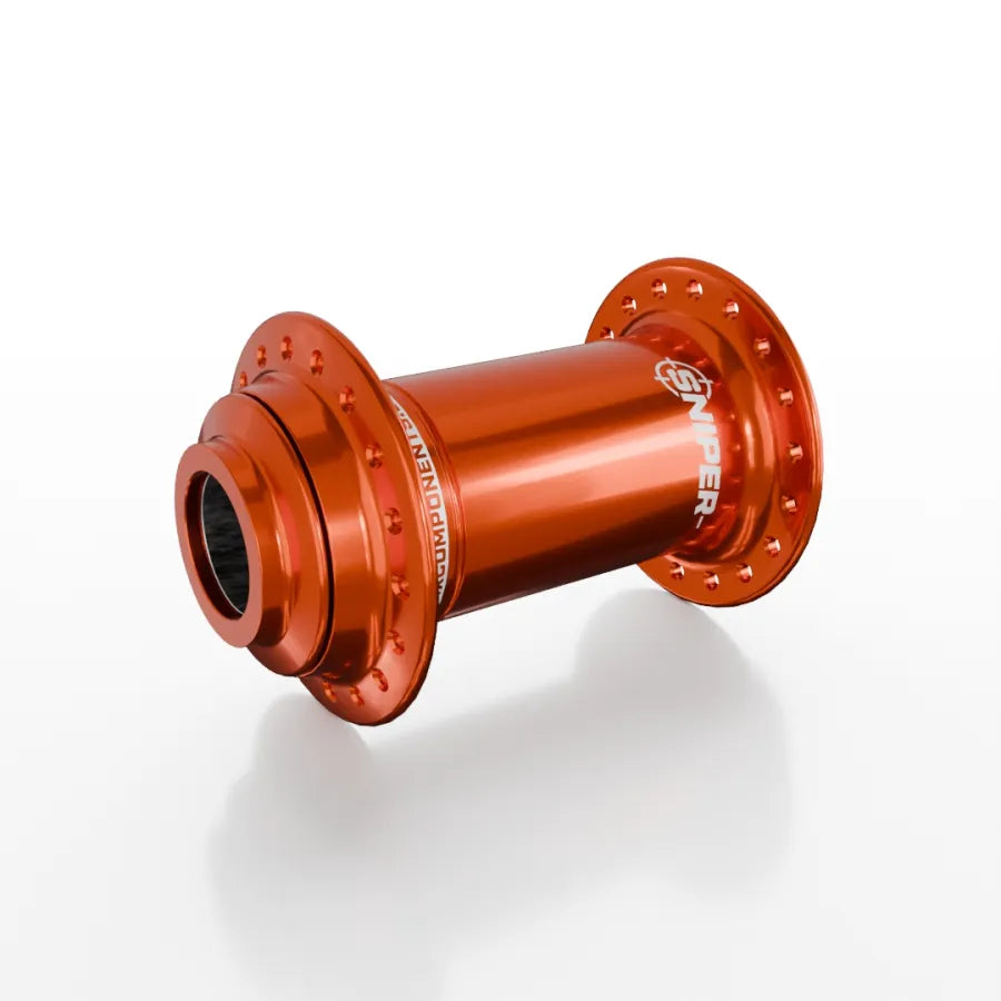 The SD-X Sniper Evo Pro 20mm Front Hub (36 Hole) in red anodized finish features spoke flanges, bearing mounts, and a brand logo. This BMX hub is displayed on a white background.
