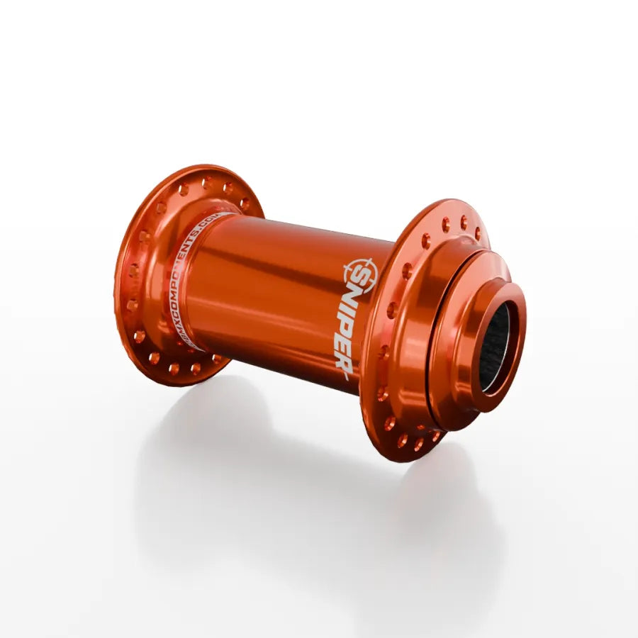 The SD-X Sniper Evo Pro 20mm Front Hub (36 Hole) features a durable orange anodized finish and "SNIPER" branding, making it a tough, stylish choice for BMX riders. Shown on a white background.