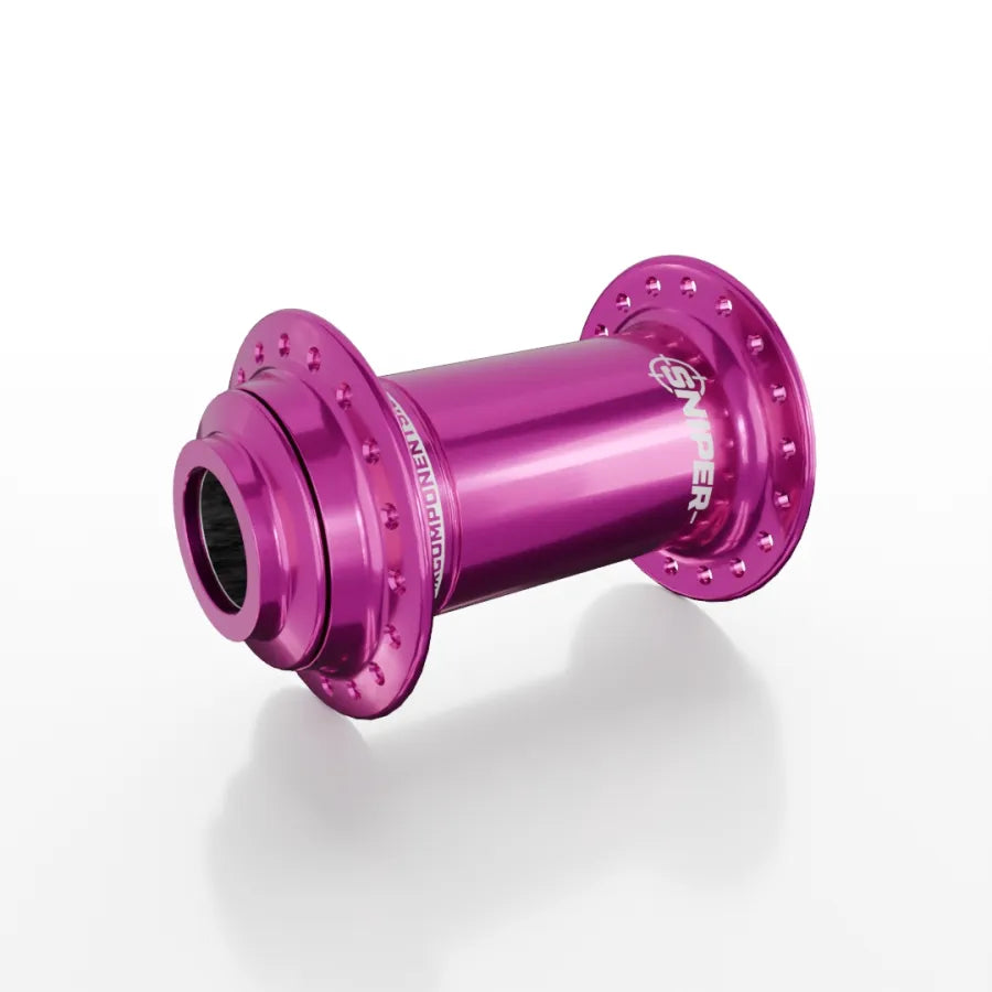 An SD-X Sniper Evo Pro 20mm Front Hub (36 Hole) in metallic pink, designed for BMX bikes, is displayed on a white background.