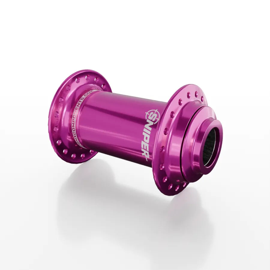 A metallic purple SD-X Sniper Evo Pro 20mm Front Hub (36 Hole) with "SNIPER" printed on the side, shown on a white background.