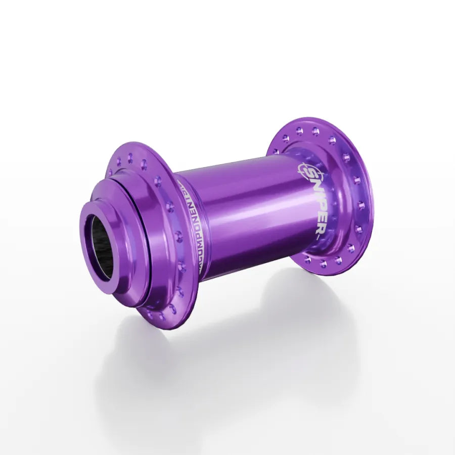 The SD-X Sniper Evo Pro 20mm Front Hub (36 Hole) is a purple anodized BMX front hub with multiple spoke holes per flange, shown on a white background.