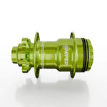 The SD-X Sniper Evo Pro 15mm Rear Hub (36 Hole) is a green anodized 7075 aluminum BMX rear hub with "SNIPER" branding, spoke flanges, and a disc brake mount, displayed against a plain white background.