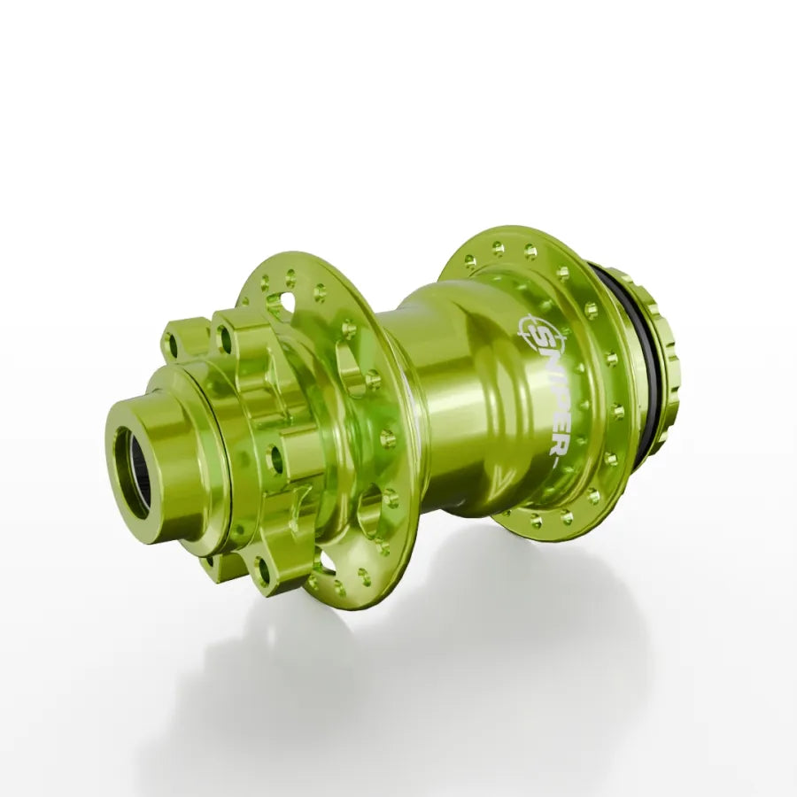 The SD-X Sniper Evo Pro 15mm Rear Hub (36 Hole) is a green anodized 7075 aluminium BMX rear hub, shown here with multiple spoke holes against a plain white background.