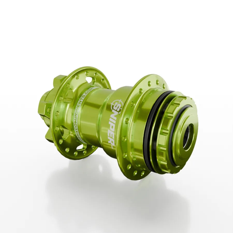 The SD-X Sniper Evo Pro 15mm Rear Hub (36 Hole) features a metallic green 7075 aluminium build, "SNIPER" branding, multiple bolt holes, and black rubber rings, shown on a white background.