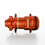 The SD-X Sniper Evo Pro 15mm Rear Hub (36 Hole) in orange, made from 7075 aluminium with "SNIPER" branding and a direct engagement design, is shown on a white background.