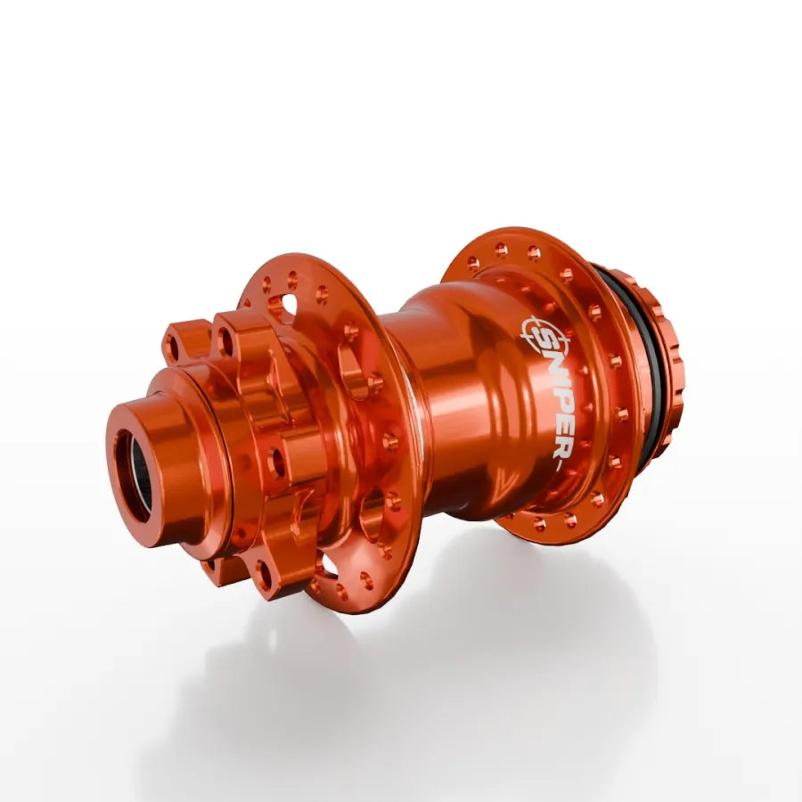 The SD-X Sniper Evo Pro 15mm Rear Hub (36 Hole) is a glossy orange BMX rear hub made from durable 7075 aluminium, with "SNIPER" on the side, shown on a white background.