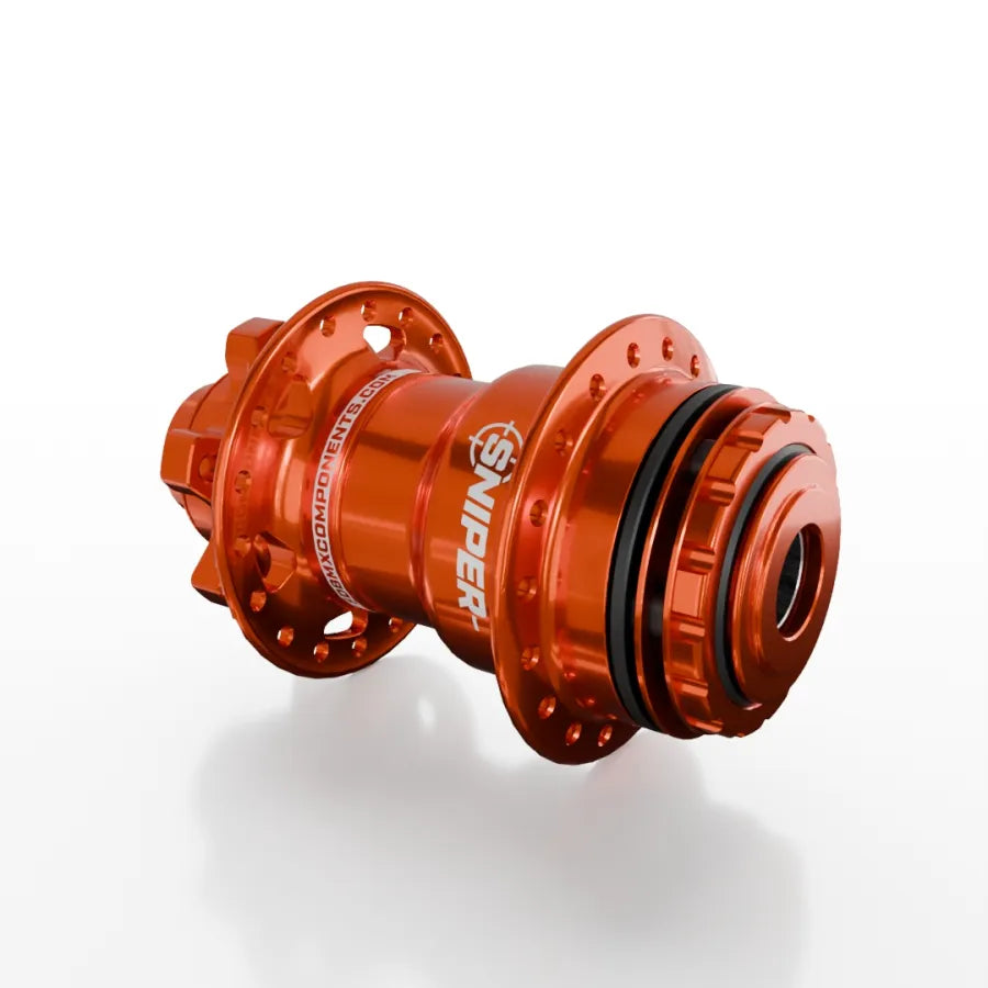 The SD-X Sniper Evo Pro 15mm Rear Hub (36 Hole) features orange anodized 7075 aluminium, multiple spoke holes, and visible branding, showcased on a white reflective surface.