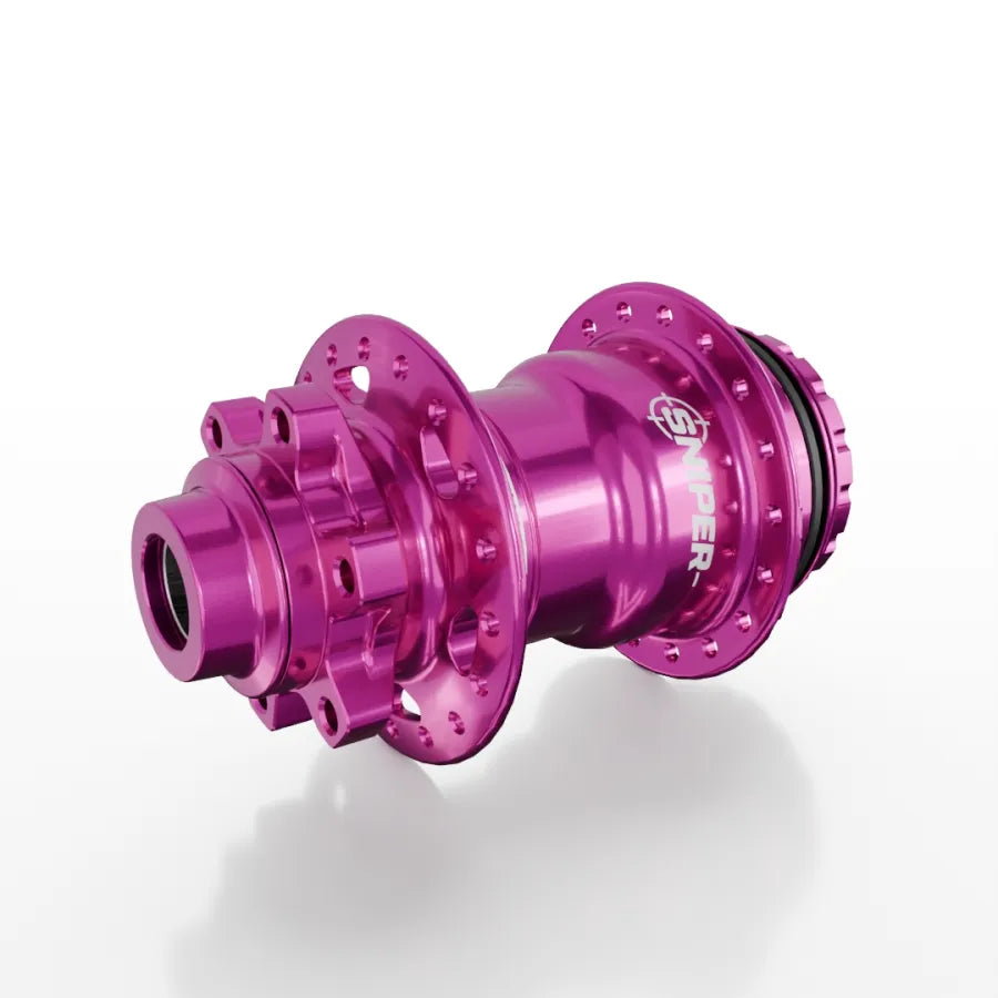 The SD-X Sniper Evo Pro 15mm Rear Hub (36 Hole) is a metallic pink BMX rear hub made from 7075 aluminium with "SNIPER" printed in white on the side, shown against a plain white background.