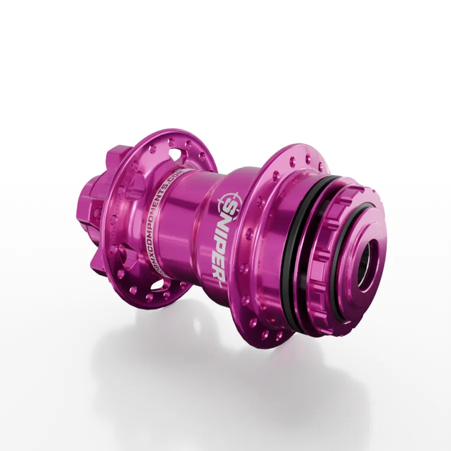 The SD-X Sniper Evo Pro 15mm Rear Hub (36 Hole) is a metallic pink BMX hub made from durable 7075 aluminium, featuring "SNIPER" branding on the side and displayed against a white background.