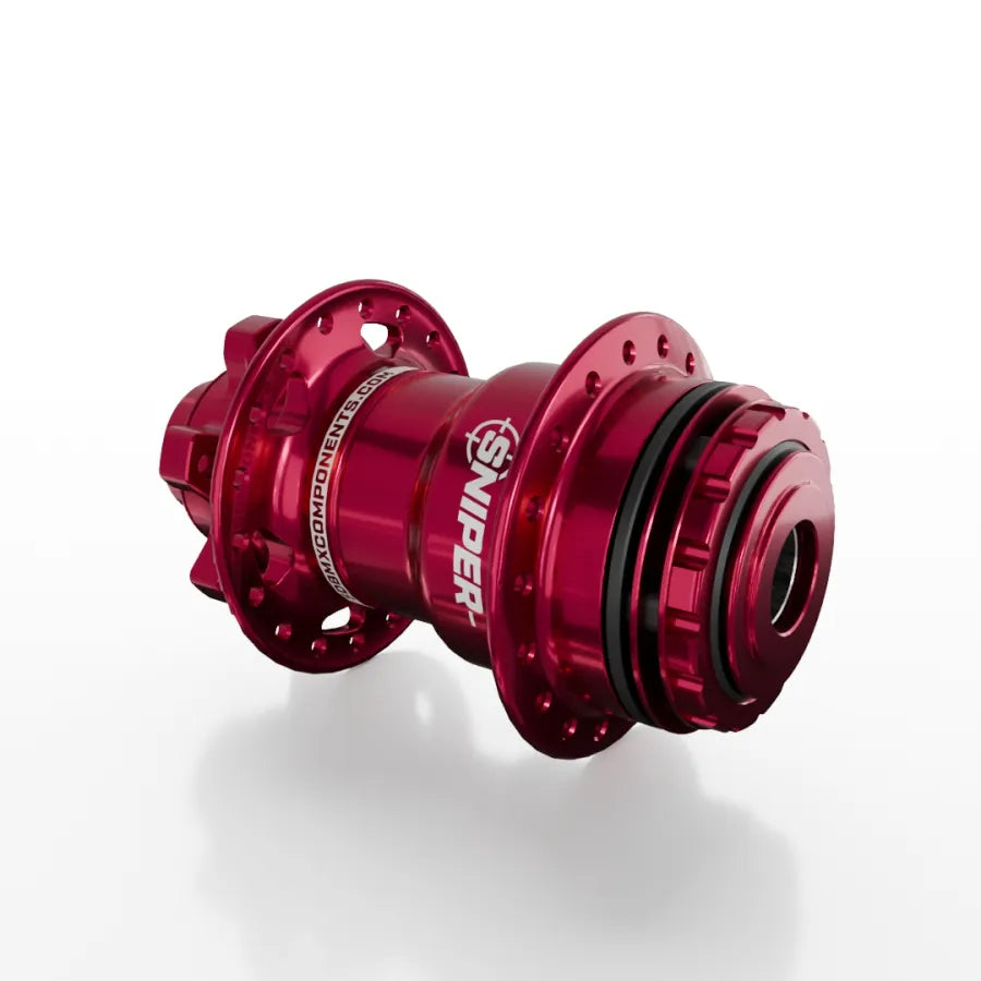 The SD-X Sniper Evo Pro 15mm Rear Hub (36 Hole) in red anodized 7075 aluminium, featuring "SNIPER" on the shell, is shown on a white background.