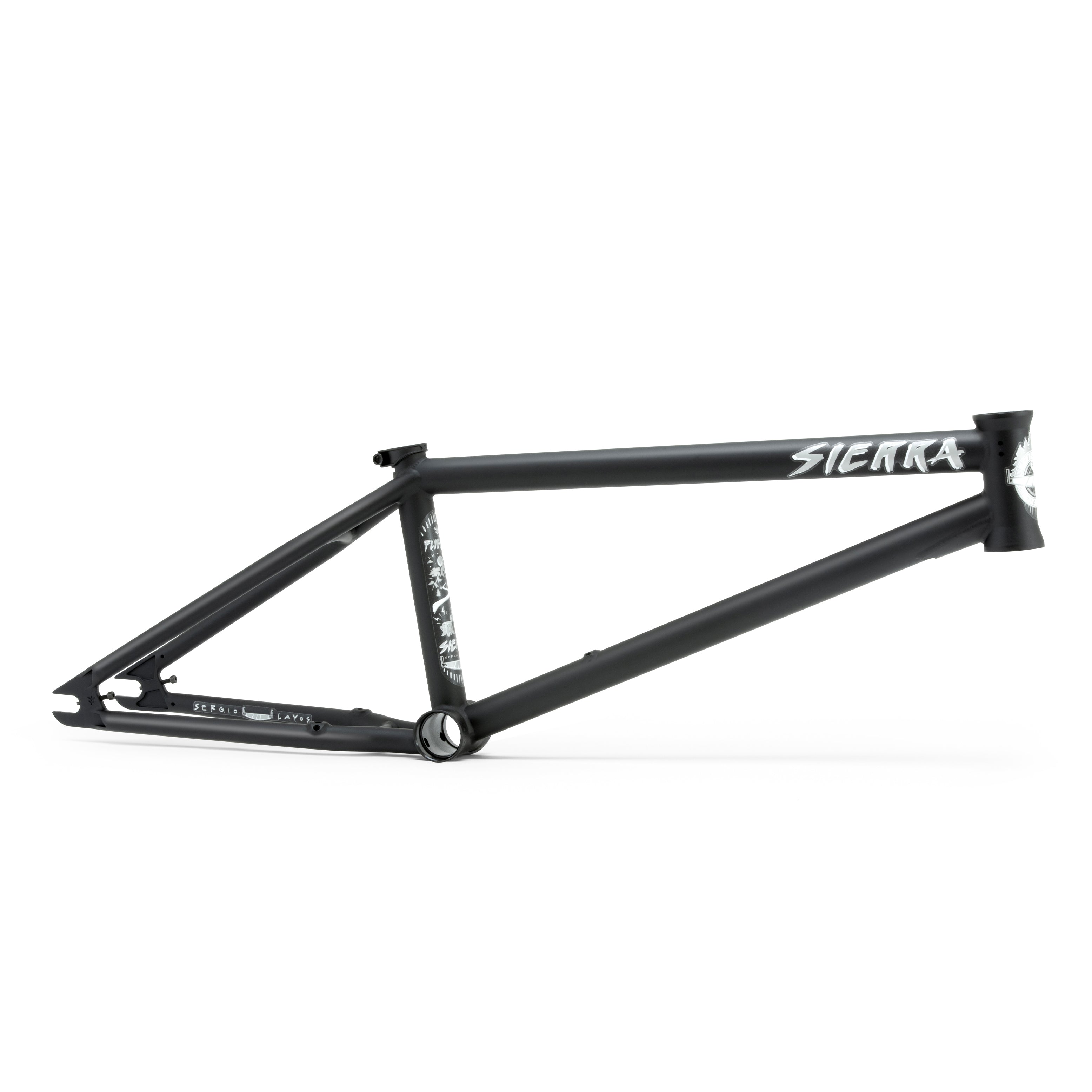 The Fly Bikes Sierra 18 Inch BMX frame features a black design with "Sierra" branding on the top tube, ideal for young adventurers. It is showcased against a white background.
