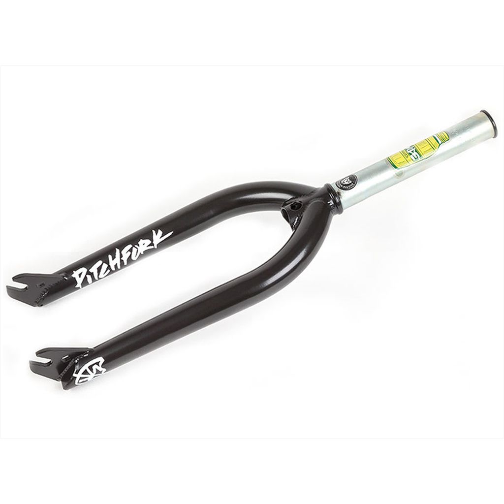 Sleek black S&M Widemouth 20 Inch Forks with "Pitchfork" branding, equipped with a metal steerer tube and dropouts for easy wheel attachment. Designed to fit BMX tyre sizes, these forks offer both reliability and style, making them perfect for those seeking compatibility with S&M Pitchforks.