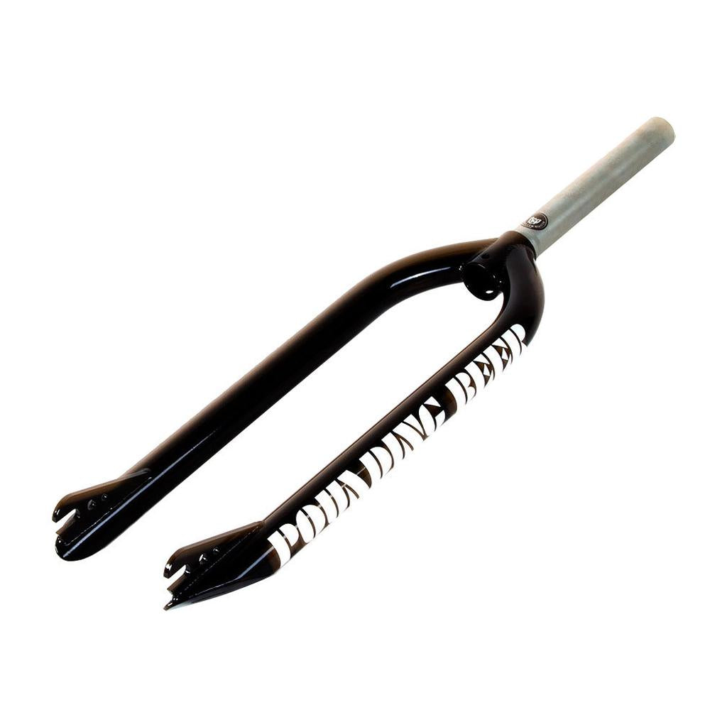 The S&M Pounding Beer 26 Inch Forks are black BMX forks with white graphics, made from strong 4130 CR-MO tubing and equipped with a silver CNC-machined steerer tube, shown on a white background.