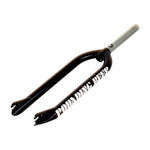 The S&M Pounding Beer 26 Inch Forks are black BMX forks with white graphics, made from strong 4130 CR-MO tubing and equipped with a silver CNC-machined steerer tube, shown on a white background.