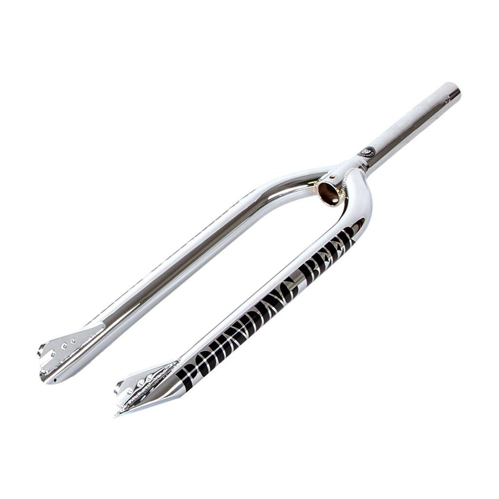 The S&M Pounding Beer 26 Inch Forks feature a chrome finish, CNC-machined steerer tube, and black & white graphics on the legs, shown at an angle against a white background.