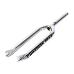 The S&M Pounding Beer 26 Inch Forks feature a chrome finish, CNC-machined steerer tube, and black & white graphics on the legs, shown at an angle against a white background.