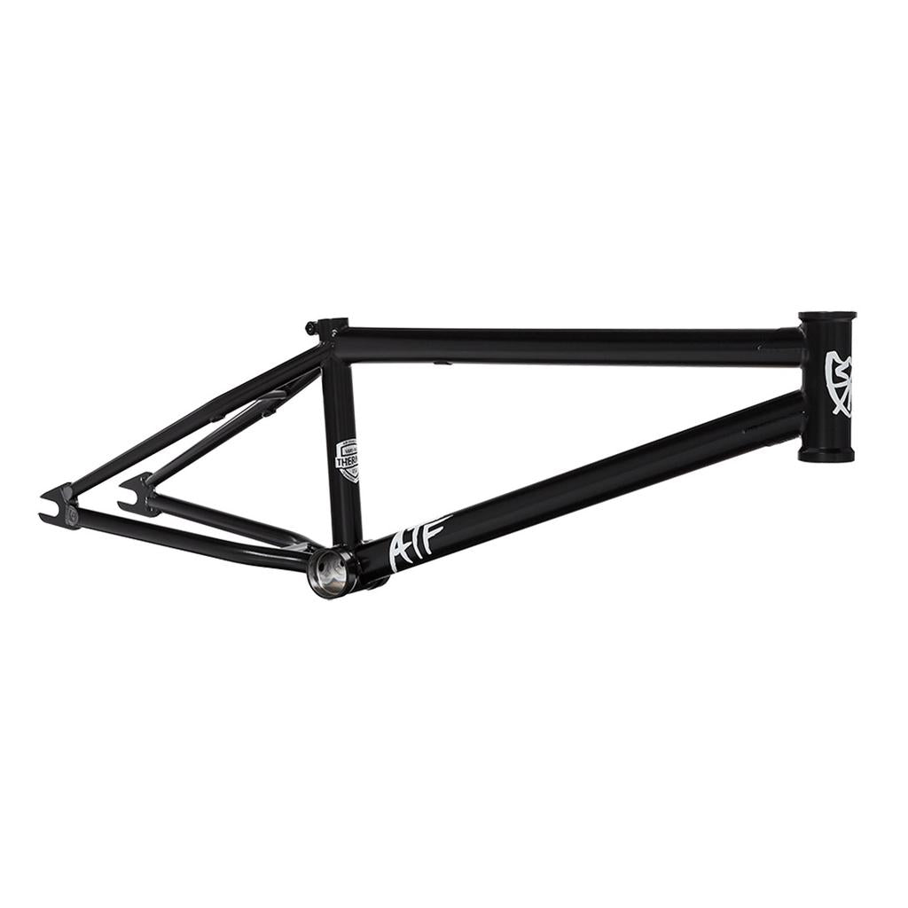 The S&M ATF 18 Inch Frame is a sleek black BMX bike frame with white graphics, designed in a minimalistic style. Made from durable chromoly, it's an all-terrain frame ideal for adventure seekers.