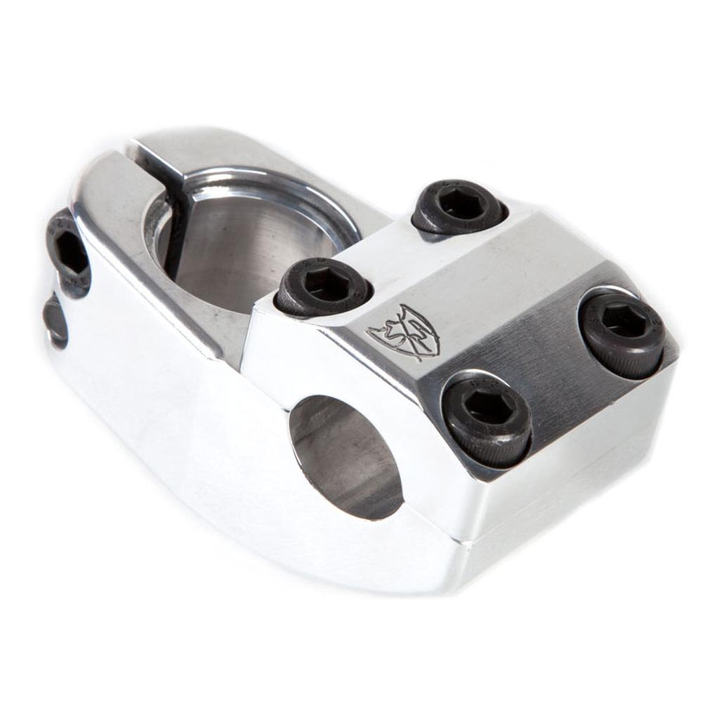 The S&M Enduro V2 Stem is a silver, classic top load BMX stem featuring four black hex bolts and an engraved logo on top.