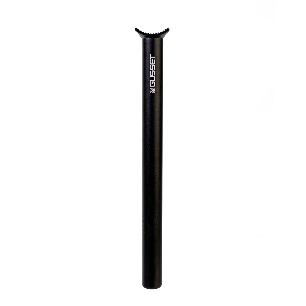 The Gusset Pivotal Seatpost 31.6mm is a black, lightweight aluminum seatpost with “Gusset” in white near the top, perfect as an alloy upgrade for your Inspyre pro frame.
