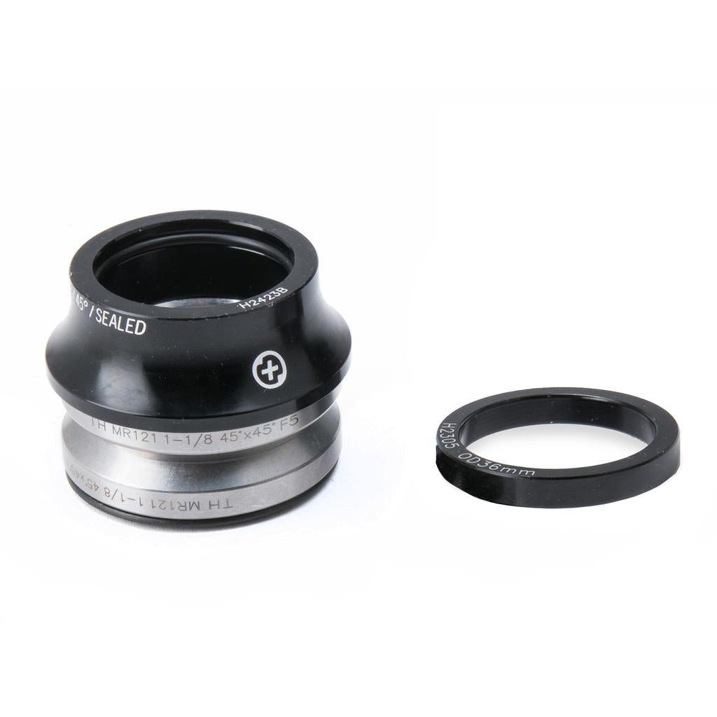The Salt Plus Echo 16 Integrated Headset in black and silver, with sealed bearings, a separate black spacer ring, and a 16mm alloy top cap, is shown on a white background.