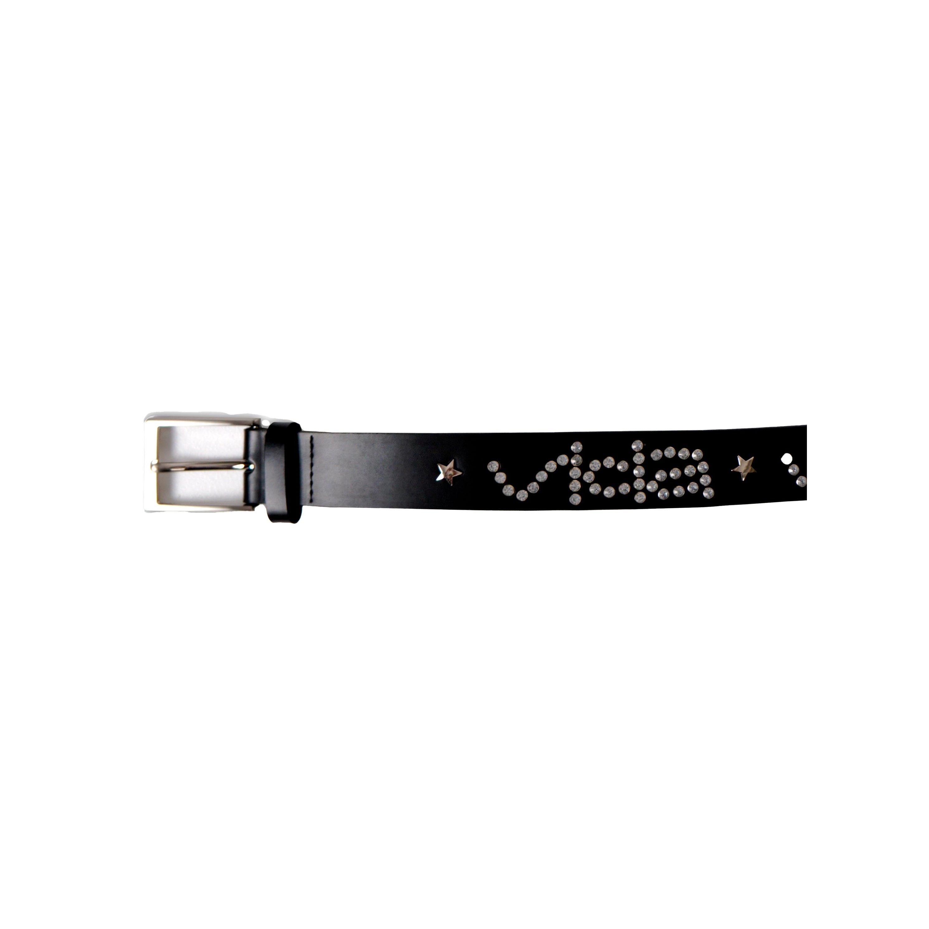 The V1da Studded Leather Belt is crafted from genuine black leather and features a silver buckle, silver rivets, and metal star-shaped studs in a striking pattern.