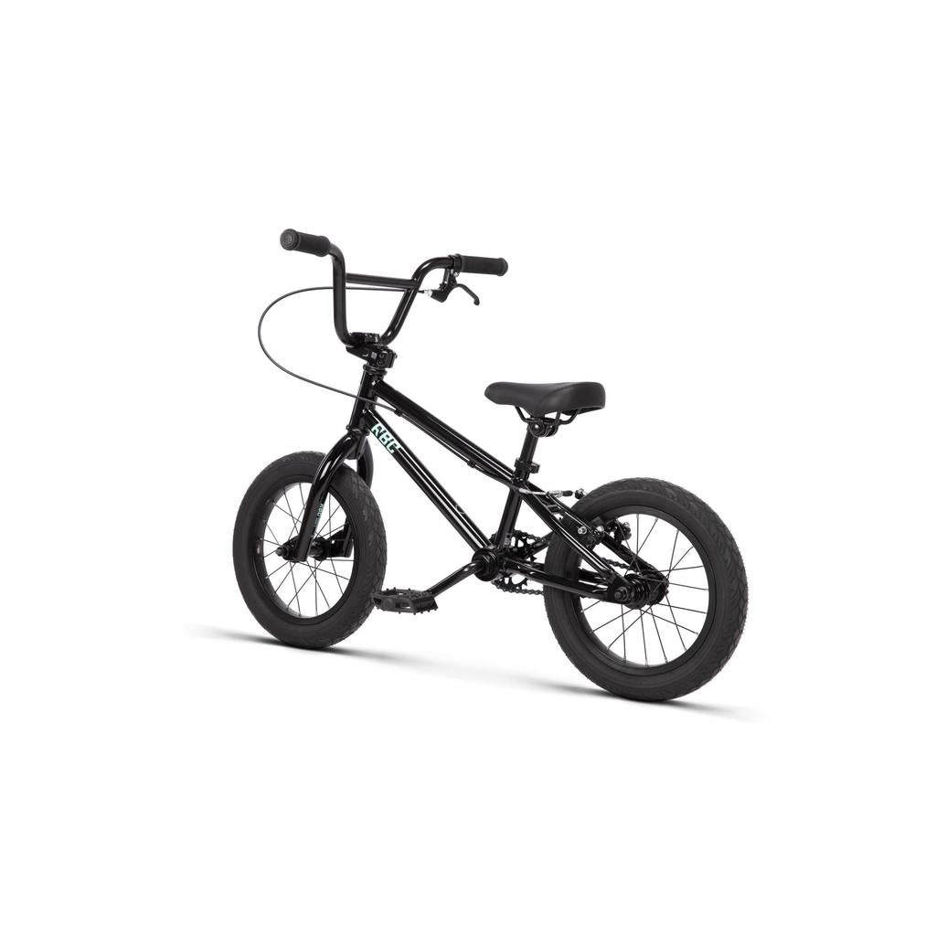 The Radio Revo 14 Inch bike, shown in black with thick tires, angled handlebars, and a padded seat on a white background, is perfect for young riders starting out.