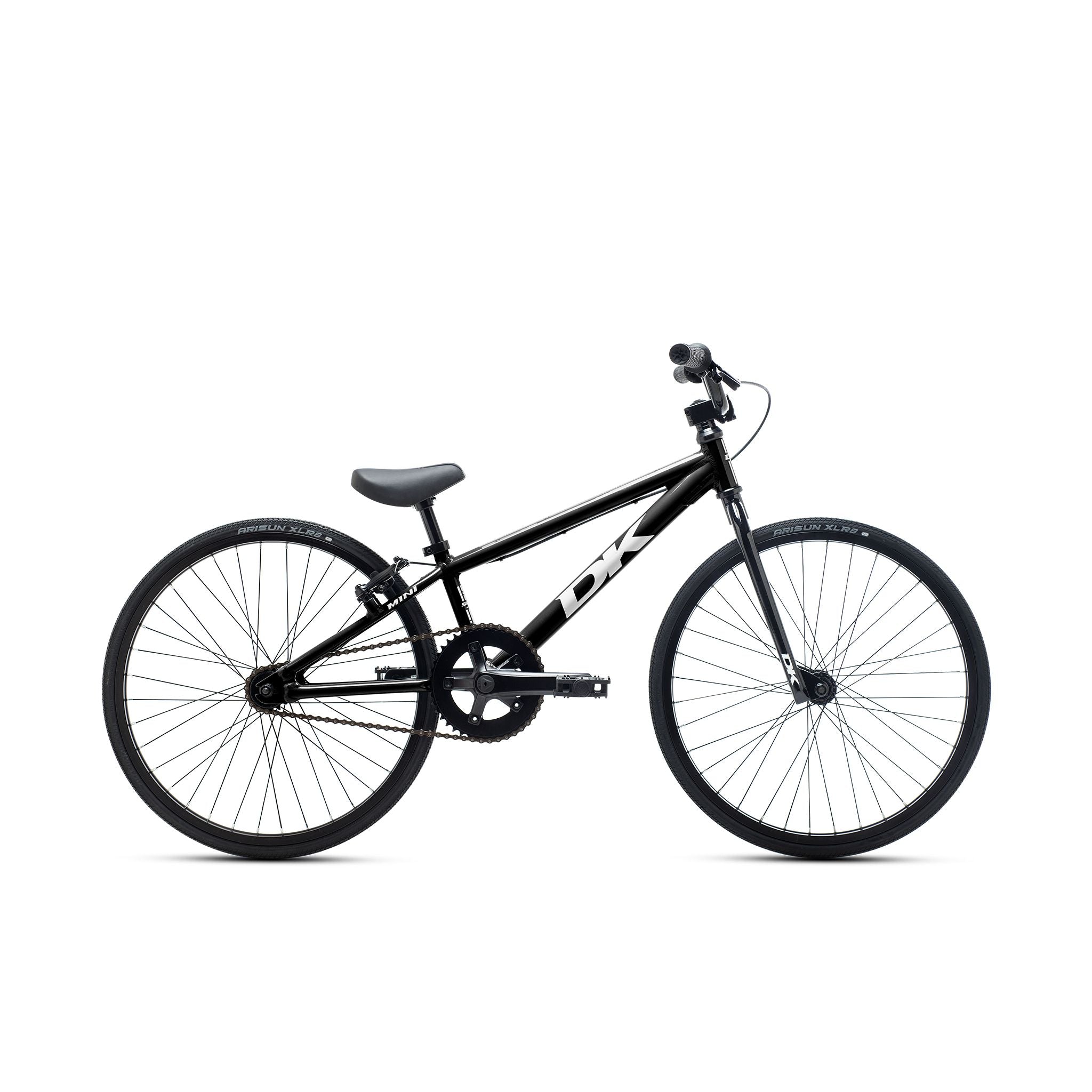 A side view of a modern black and white DK Swift Mini Bike with a lightweight aluminum frame against a white background.