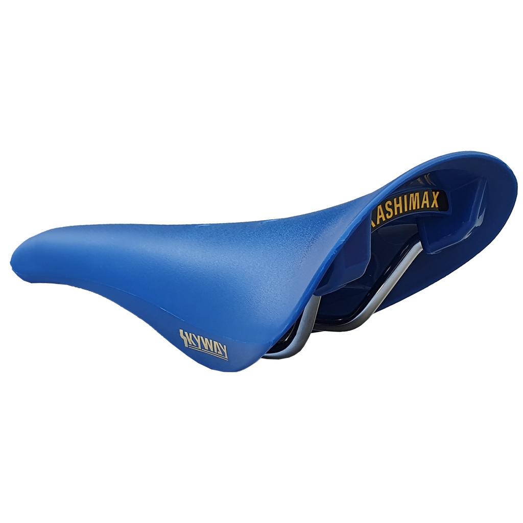 Featuring a blue Kashimax Aero BMX AMX-C railed seat with a slightly curved shape and visible metal rails, this vintage saddle is displayed against a plain background.
