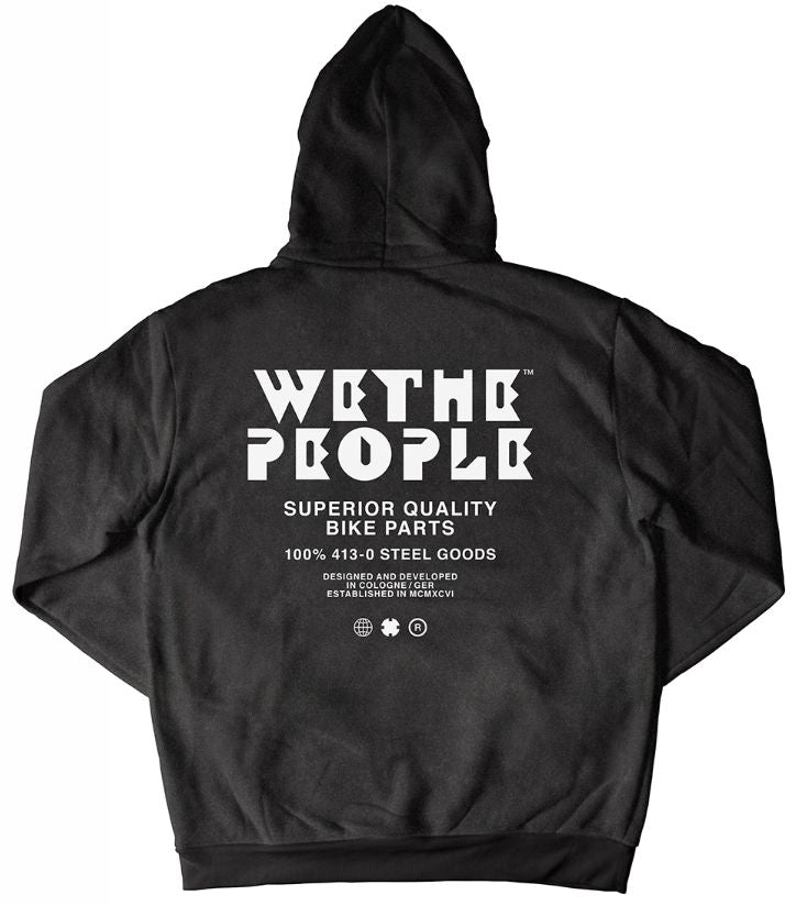 Wethepeople SQB Hoodie with white geometric text reading "WeThePeople" and additional information about "Superior Quality Bike Parts.