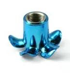 A blue Flower Valve Cap, featuring six internal threads, rests against a white background, echoing the precision found in Schrader valve caps.