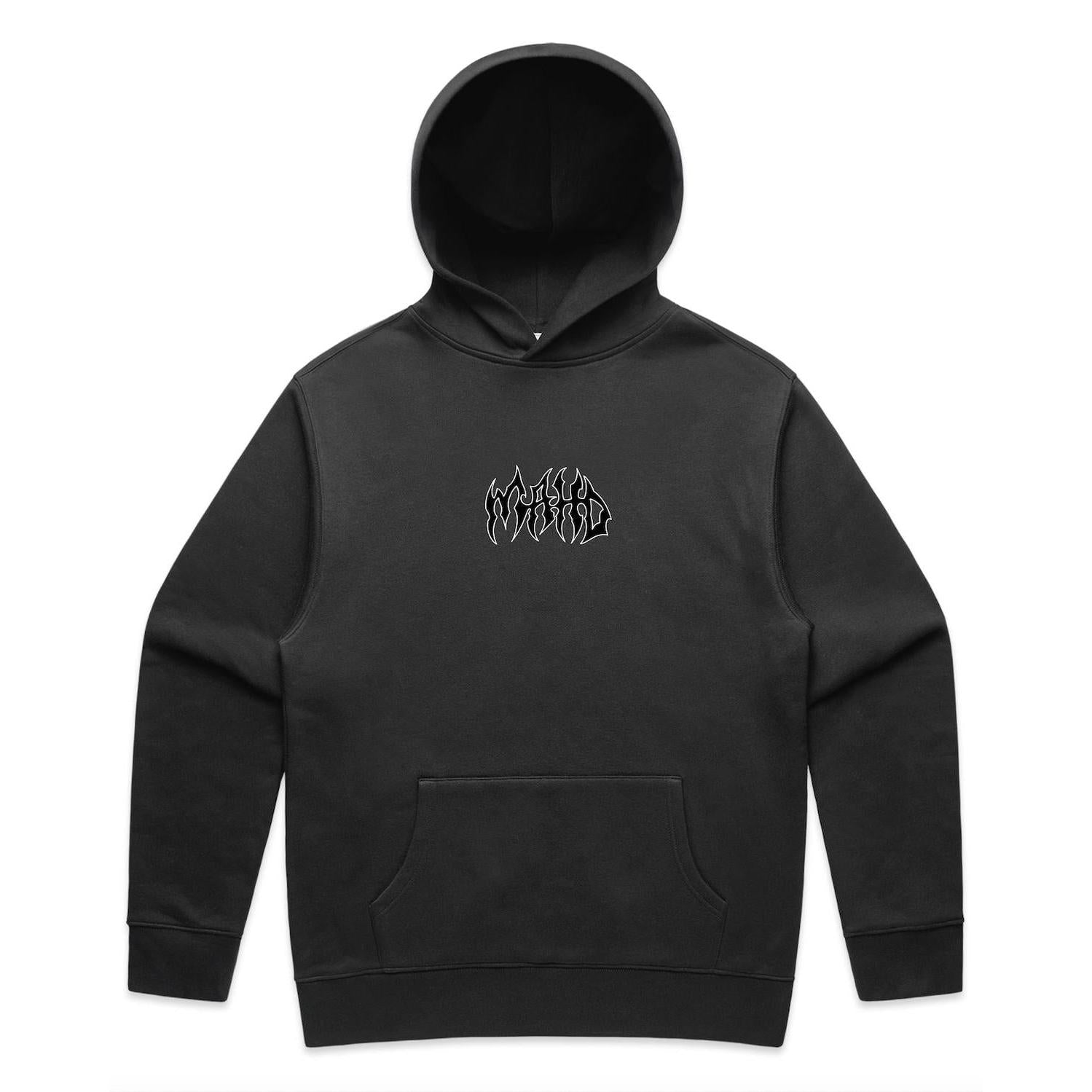Mahd Metal Hoodie: Black hooded sweatshirt featuring a front pocket and small white stylized "WORLD WIRED" text design on the chest.