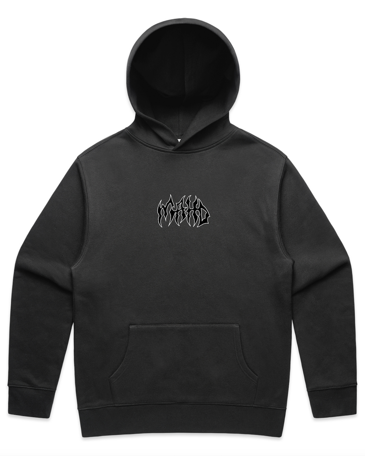 Mahd Metal Hoodie: Black hooded sweatshirt featuring a front pocket and small white stylized "WORLD WIRED" text design on the chest.