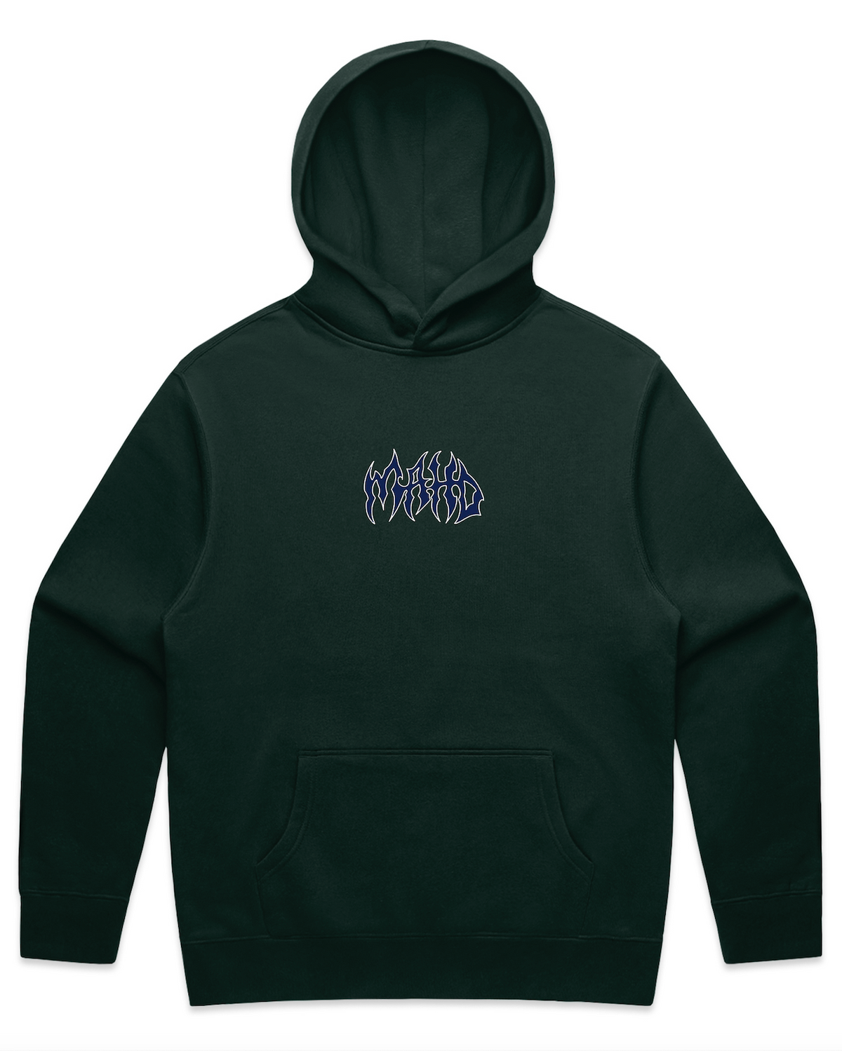 The Mahd Metal Hoodie is a black hooded sweatshirt featuring a small blue flame-style “WORLD” graphic centered on the chest.