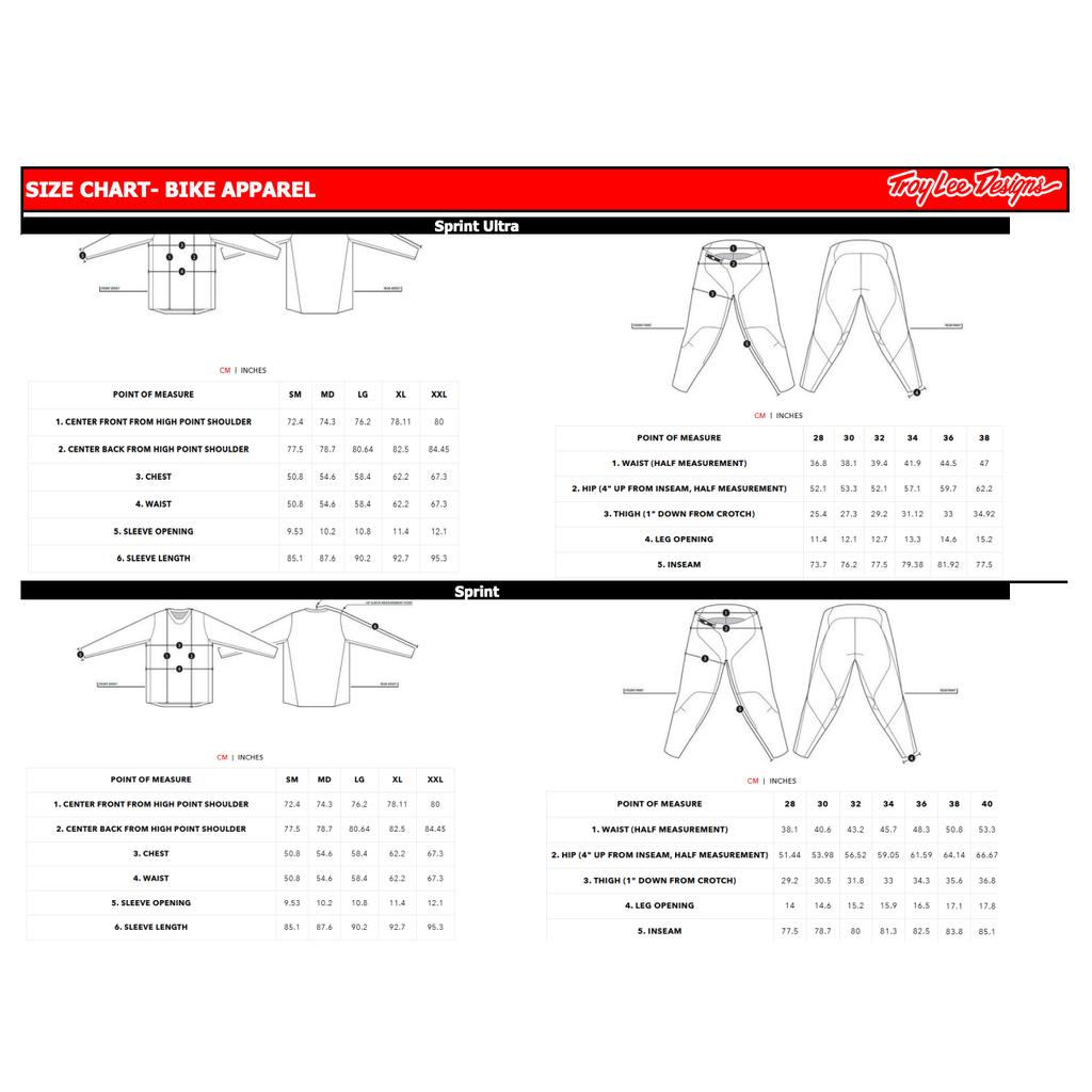 Troy Lee Designs size chart for TLD 25.2 Sprint Pant / Mono Black, includes measurement diagrams and tables for sizes XS to XXL.