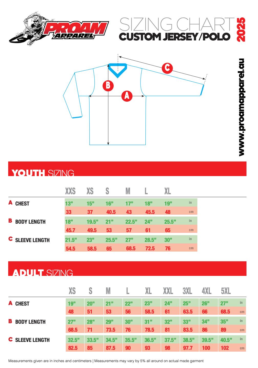 The 2025 Proam Apparel sizing chart for the LUXBMX Race Youth Jersey White V2 features youth chest, body, and sleeve measurements in inches and centimeters. Lightweight, breathable materials ensure a comfortable fit for young riders.