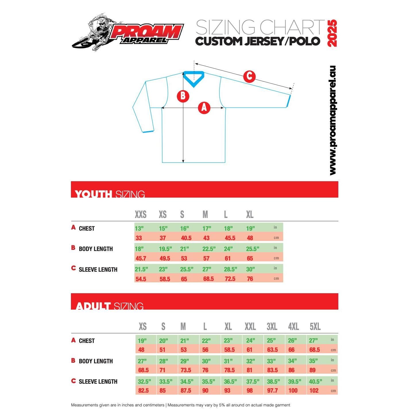 The 2025 Proam Apparel sizing chart for the LUXBMX Race Youth Jersey White V2 features youth chest, body, and sleeve measurements in inches and centimeters. Lightweight, breathable materials ensure a comfortable fit for young riders.