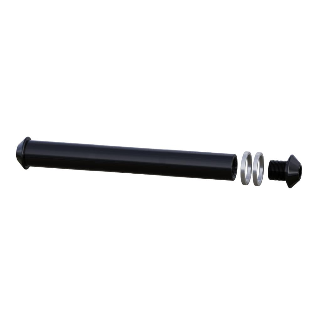 An exploded view of the Onyx Thru Bolt (20mm x 163mm) shows its black cylindrical rod, two metal rings, and threaded cap—all aligned—designed for BMX race hubs compatible with 15mm or 20mm thru-bolt systems.