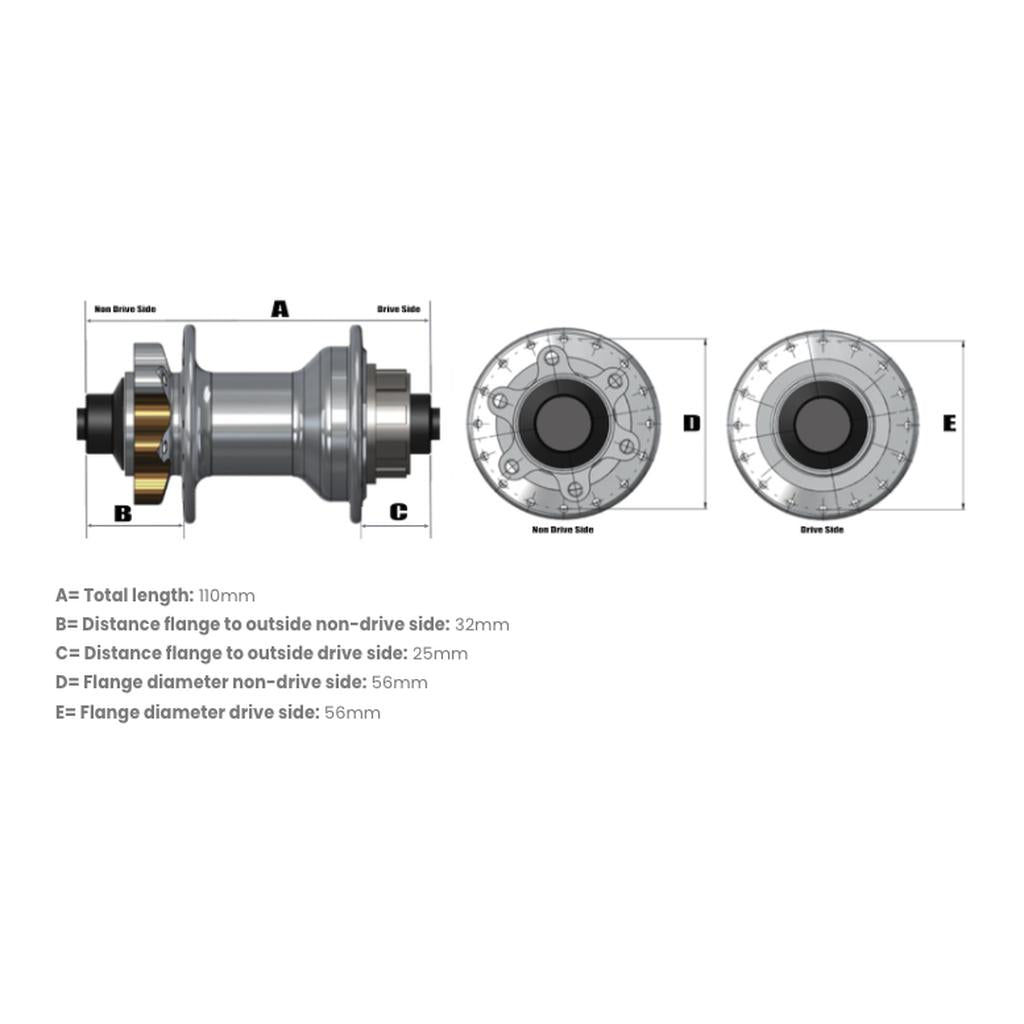 Technical diagram of the SD-X Sniper Evo Pro 15mm Rear Hub (36 Hole): total length 110mm, flange distances 32mm (non-drive) and 25mm (drive), both flange diameters 56mm, made from 7075 aluminium.