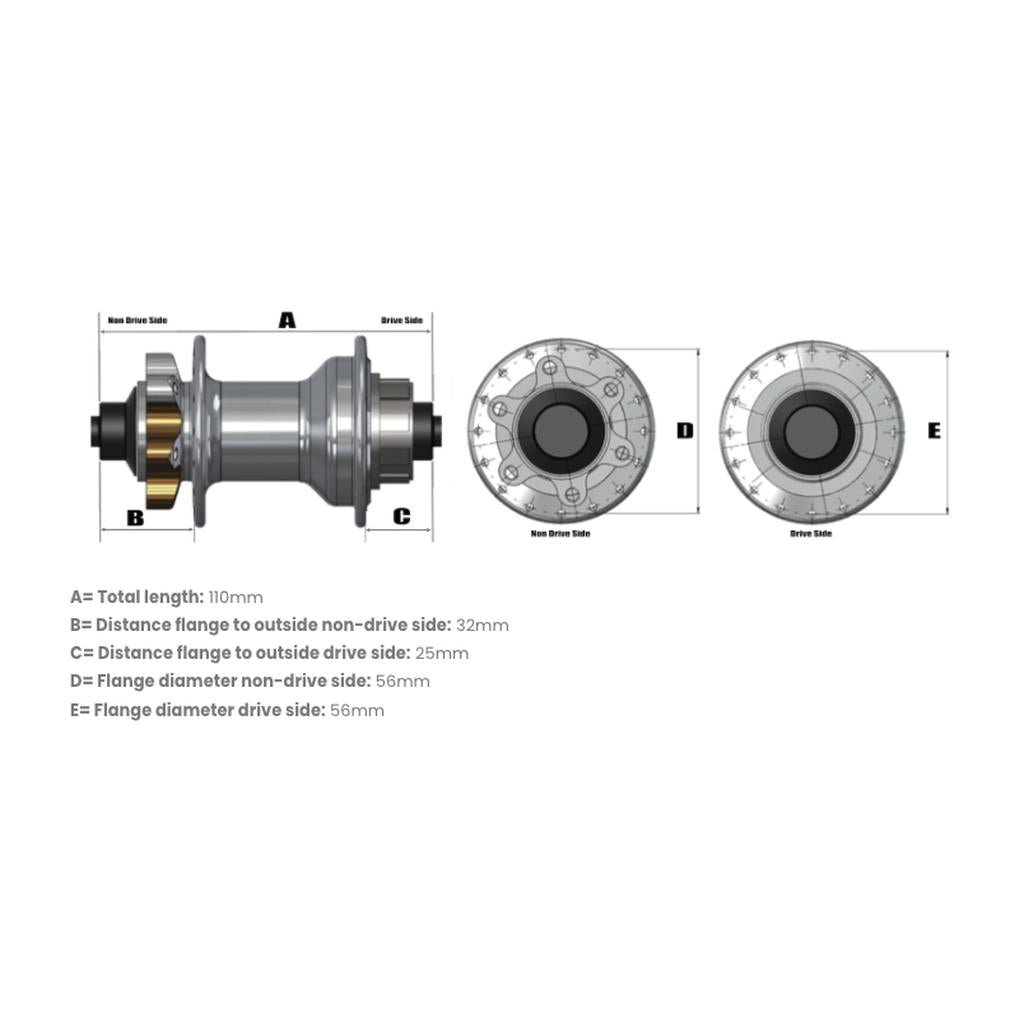 Technical diagram of the SD-X Sniper Evo Air Expert 10mm Rear Hub (36 Hole), displaying total length, flange distances, and flange diameters with labeled measurements and front/back views side by side.