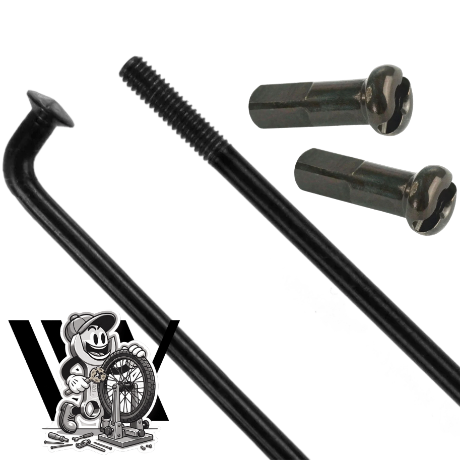 Spectre High Strength Wheel Build (36 Hole): Features durable black stainless steel spokes with threaded ends, two high-quality brass nipples, and includes a fun cartoon illustration of a character fixing a bicycle wheel—perfect for building a robust and reliable wheel.